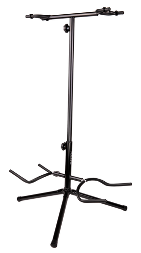 The image shows a black metal dual guitar stand with an adjustable telescoping center pole and a stable tripod base. It has two padded, adjustable arms at the top and a lower support cradle to hold electric or acoustic guitars securely. This space-saving stand is ideal for musicians to display or store two guitars simultaneously, accommodating various sizes for use in studios, stages, or homes.
