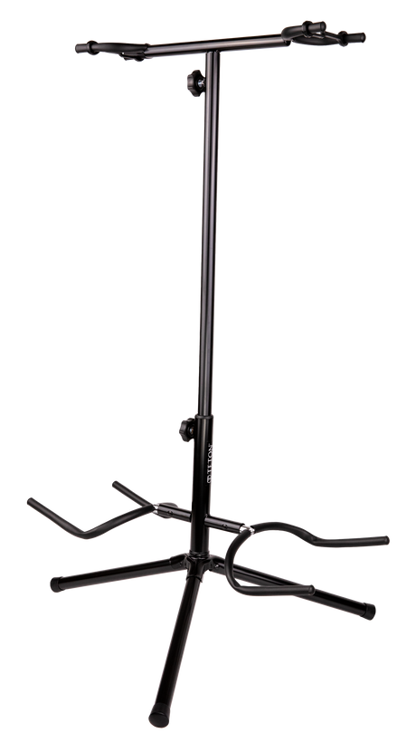 The image shows a black metal dual guitar stand with an adjustable telescoping center pole and a stable tripod base. It has two padded, adjustable arms at the top and a lower support cradle to hold electric or acoustic guitars securely. This space-saving stand is ideal for musicians to display or store two guitars simultaneously, accommodating various sizes for use in studios, stages, or homes.