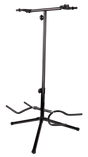 The image shows a black metal dual guitar stand with an adjustable telescoping center pole and a stable tripod base. It has two padded, adjustable arms at the top and a lower support cradle to hold electric or acoustic guitars securely. This space-saving stand is ideal for musicians to display or store two guitars simultaneously, accommodating various sizes for use in studios, stages, or homes.