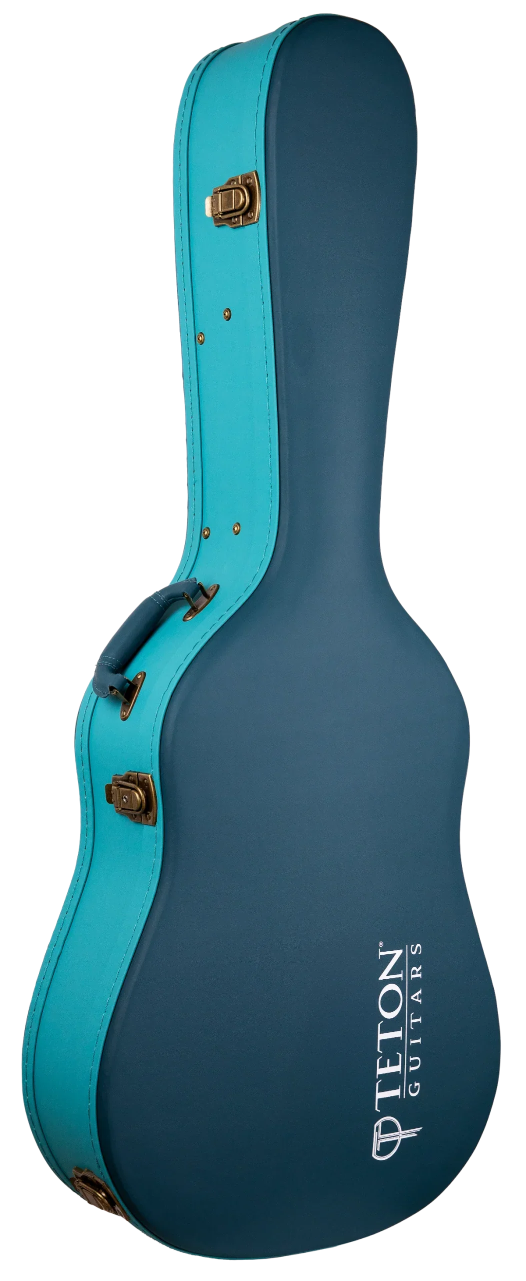 The image shows a Teton Guitars hard case for an acoustic guitar, featuring a two-tone dark teal body with bright turquoise trim and brass-colored latches. It has a classic guitar shape, reinforced edges, and "TETON GUITARS" branding in white. Designed with a hard shell for maximum protection, it’s ideal for safely transporting valuable instruments.