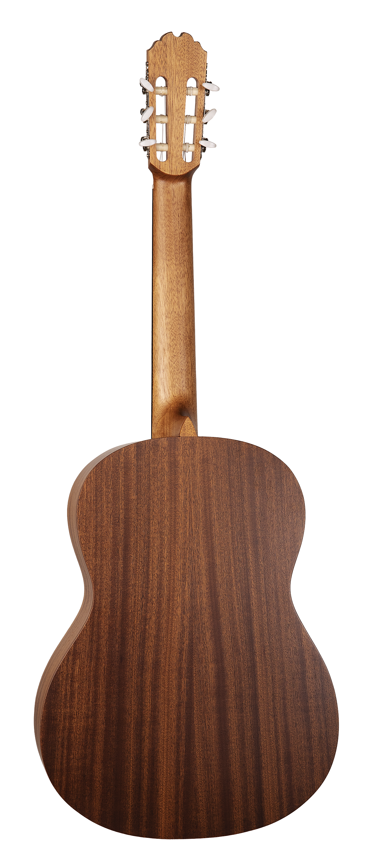 The image shows the back of a classical guitar featuring a slotted headstock with six white tuning pegs in a 3+3 layout. It has the typical figure-8 body shape with natural wood grain—darker wood on the back and sides, lighter wood on the neck. The compact body reflects traditional classical guitar proportions, designed for nylon strings and fingerstyle playing, highlighting quality craftsmanship.