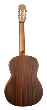 The image shows the back of a classical guitar featuring a slotted headstock with six white tuning pegs in a 3+3 layout. It has the typical figure-8 body shape with natural wood grain—darker wood on the back and sides, lighter wood on the neck. The compact body reflects traditional classical guitar proportions, designed for nylon strings and fingerstyle playing, highlighting quality craftsmanship.