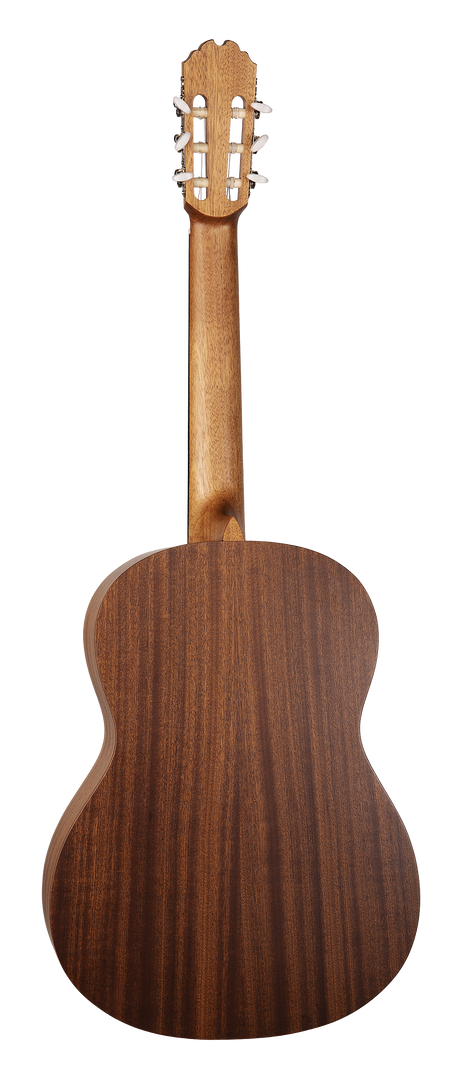 The image shows the back of a classical guitar featuring a slotted headstock with six white tuning pegs in a 3+3 layout. It has the typical figure-8 body shape with natural wood grain—darker wood on the back and sides, lighter wood on the neck. The compact body reflects traditional classical guitar proportions, designed for nylon strings and fingerstyle playing, highlighting quality craftsmanship.
