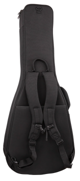 The image shows a black guitar gig bag made of durable fabric, designed to protect and carry a guitar. It features padded backpack straps, a top handle, a zippered front pocket for accessories, and protective cushioning. The guitar-shaped design fits electric or acoustic guitars. This lightweight, portable soft case offers convenient hands-free transport and essential protection for musicians on the go.