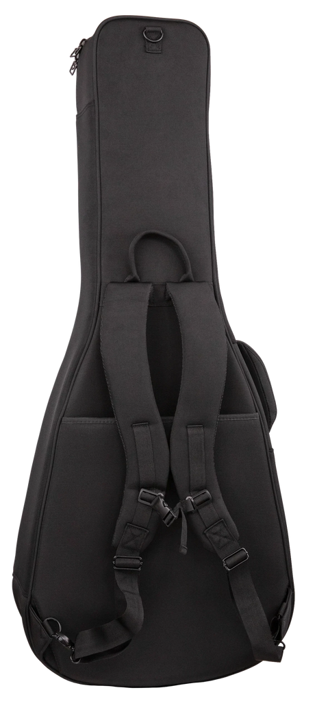 The image shows a black guitar gig bag made of durable fabric, designed to protect and carry a guitar. It features padded backpack straps, a top handle, a zippered front pocket for accessories, and protective cushioning. The guitar-shaped design fits electric or acoustic guitars. This lightweight, portable soft case offers convenient hands-free transport and essential protection for musicians on the go.