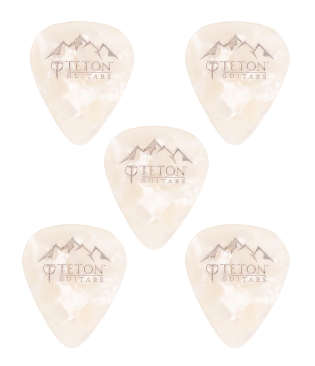 The image shows five cream-colored, translucent guitar picks arranged with one in the center and four around the edges. Each pick displays the "TETON GUITARS" logo, featuring text and a mountain range design above the name. These picks are guitar accessories used for strumming or picking strings.