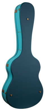 The image shows a hard guitar case with a two-tone design featuring a dark teal or navy body and bright turquoise trim. It has a classic shape for acoustic or electric guitars, a sturdy hard shell, reinforced corners, and multiple brass-colored latches. Built for professional use, it offers strong protection during transport, safeguarding the instrument from impacts and environmental damage.