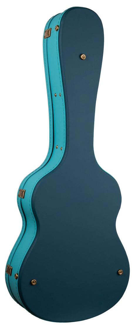 The image shows a hard guitar case with a two-tone design featuring a dark teal or navy body and bright turquoise trim. It has a classic shape for acoustic or electric guitars, a sturdy hard shell, reinforced corners, and multiple brass-colored latches. Built for professional use, it offers strong protection during transport, safeguarding the instrument from impacts and environmental damage.