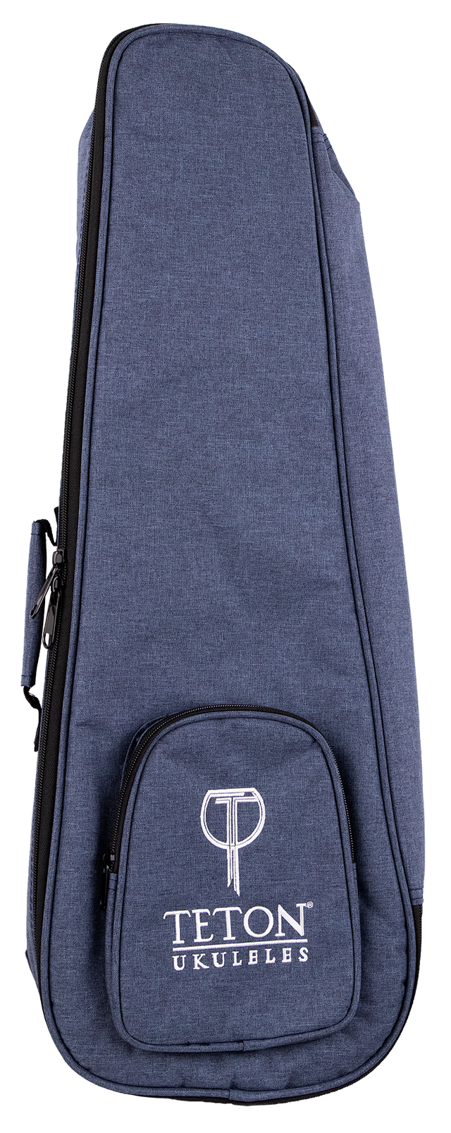 The image shows a Teton Music ukulele gig bag made of blue denim-textured fabric with a zippered edge and a small front pocket featuring the "TETON UKULELES" logo in white. Designed for concert or tenor ukuleles, this padded, soft-sided case offers lightweight protection during transport. It includes carrying handles and likely shoulder straps, making it a practical accessory for musicians on the go.