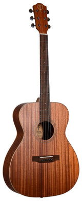 The image shows a Teton steel-string acoustic guitar with a natural wood finish, likely mahogany, featuring a concert or grand auditorium body. It has a round sound hole with a decorative rosette, a wooden bridge with a bone or synthetic saddle, six chrome tuning pegs, a matching solid wood headstock, and a dark rosewood fretboard with position markers. This guitar suits various styles like folk, country, pop, and fingerstyle.