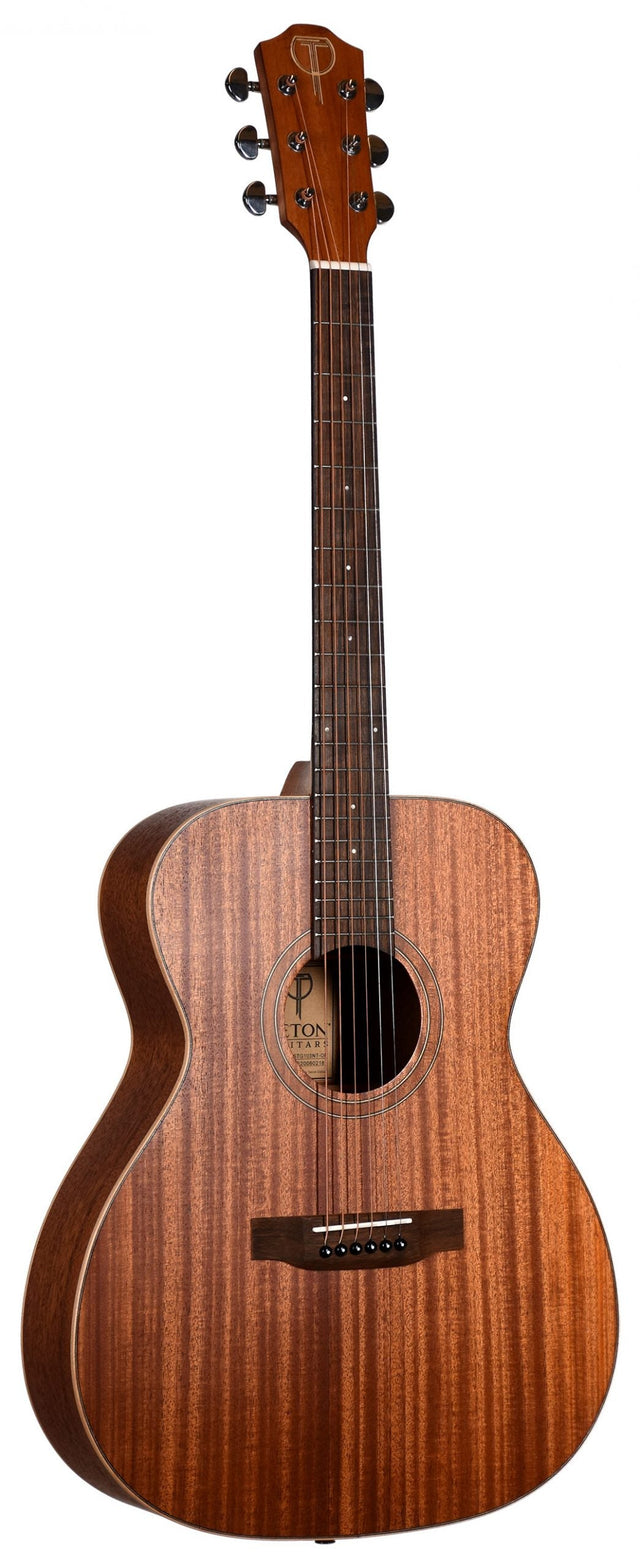 The image shows a Teton steel-string acoustic guitar with a natural wood finish, likely mahogany, featuring a concert or grand auditorium body. It has a round sound hole with a decorative rosette, a wooden bridge with a bone or synthetic saddle, six chrome tuning pegs, a matching solid wood headstock, and a dark rosewood fretboard with position markers. This guitar suits various styles like folk, country, pop, and fingerstyle.