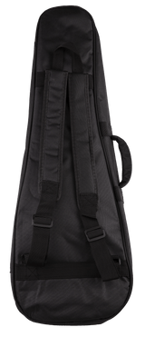 The image shows a black padded ukulele gig bag made of durable fabric, featuring a zippered closure, teardrop shape, and protective padding. It offers multiple carrying options: two adjustable shoulder straps for backpack-style carry, a top handle, and a side handle. This lightweight case provides convenient, versatile transport and protection against bumps, scratches, and weather, ideal for ukulele players on the go.
