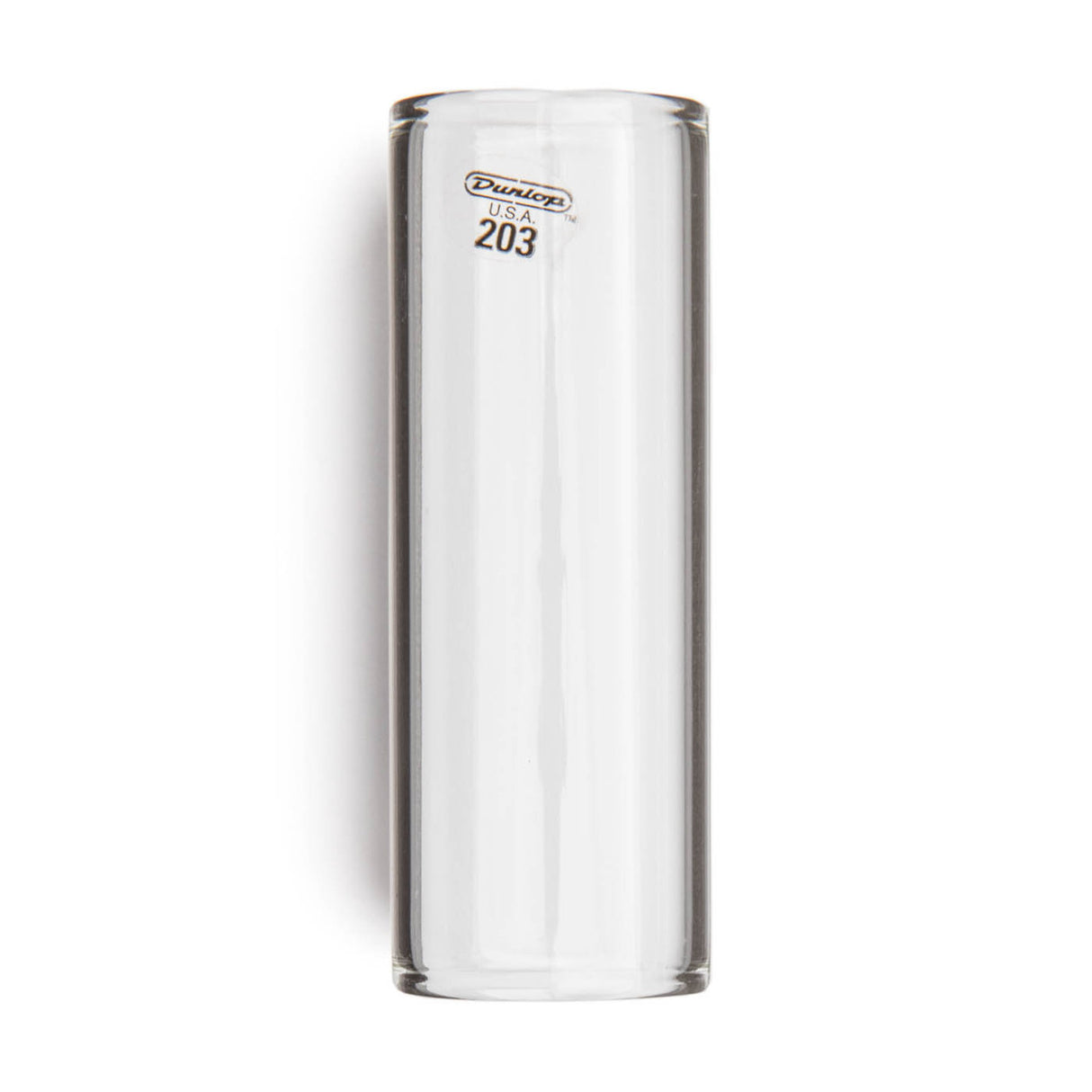 A clear glass guitar slide with Dunlop branding on a white background