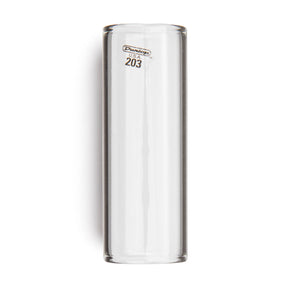 A clear glass guitar slide with Dunlop branding on a white background