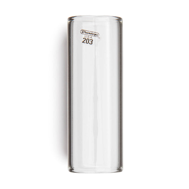 A clear glass guitar slide with Dunlop branding on a white background