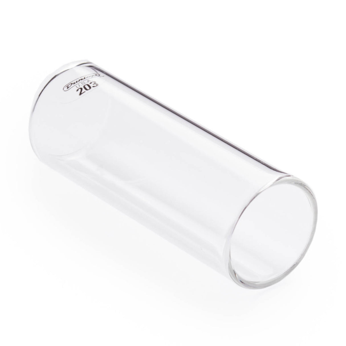 A clear glass guitar slide with Dunlop branding on a white background