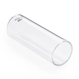 A clear glass guitar slide with Dunlop branding on a white background