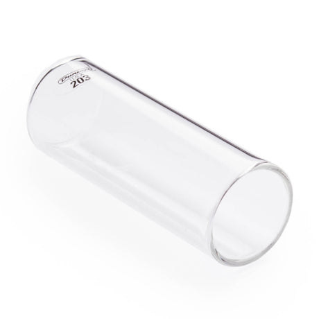 A clear glass guitar slide with Dunlop branding on a white background