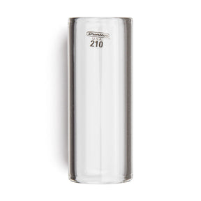 A clear glass guitar slide with Dunlop branding on a white background