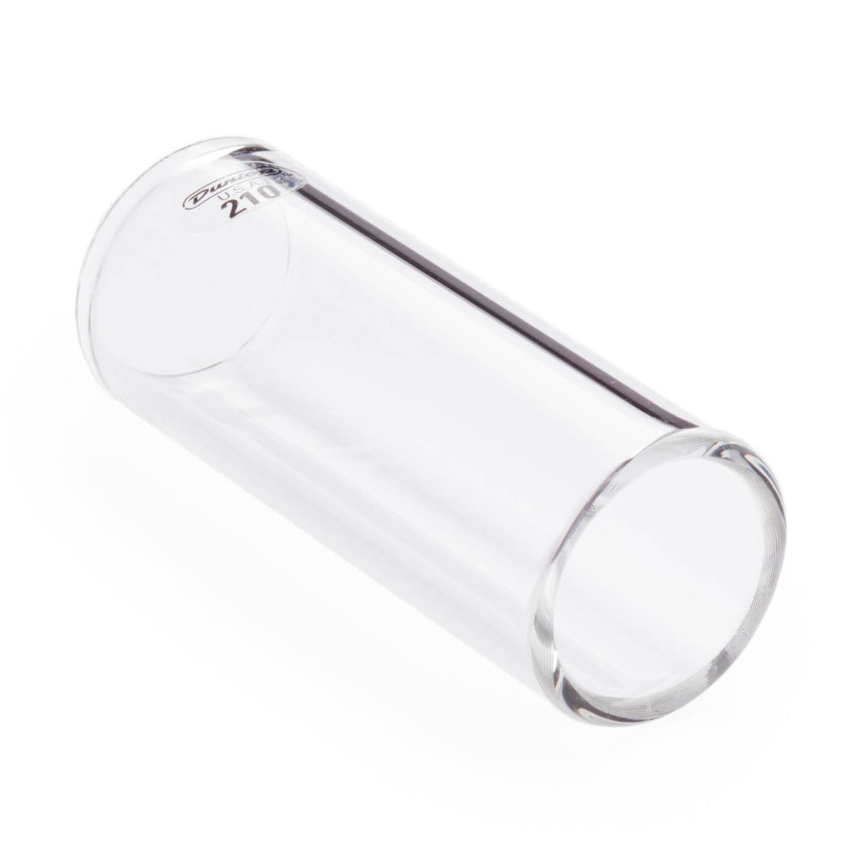 A clear glass guitar slide with Dunlop branding on a white background