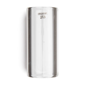 A clear glass slide for guitar with Dunlop branding on a white background
