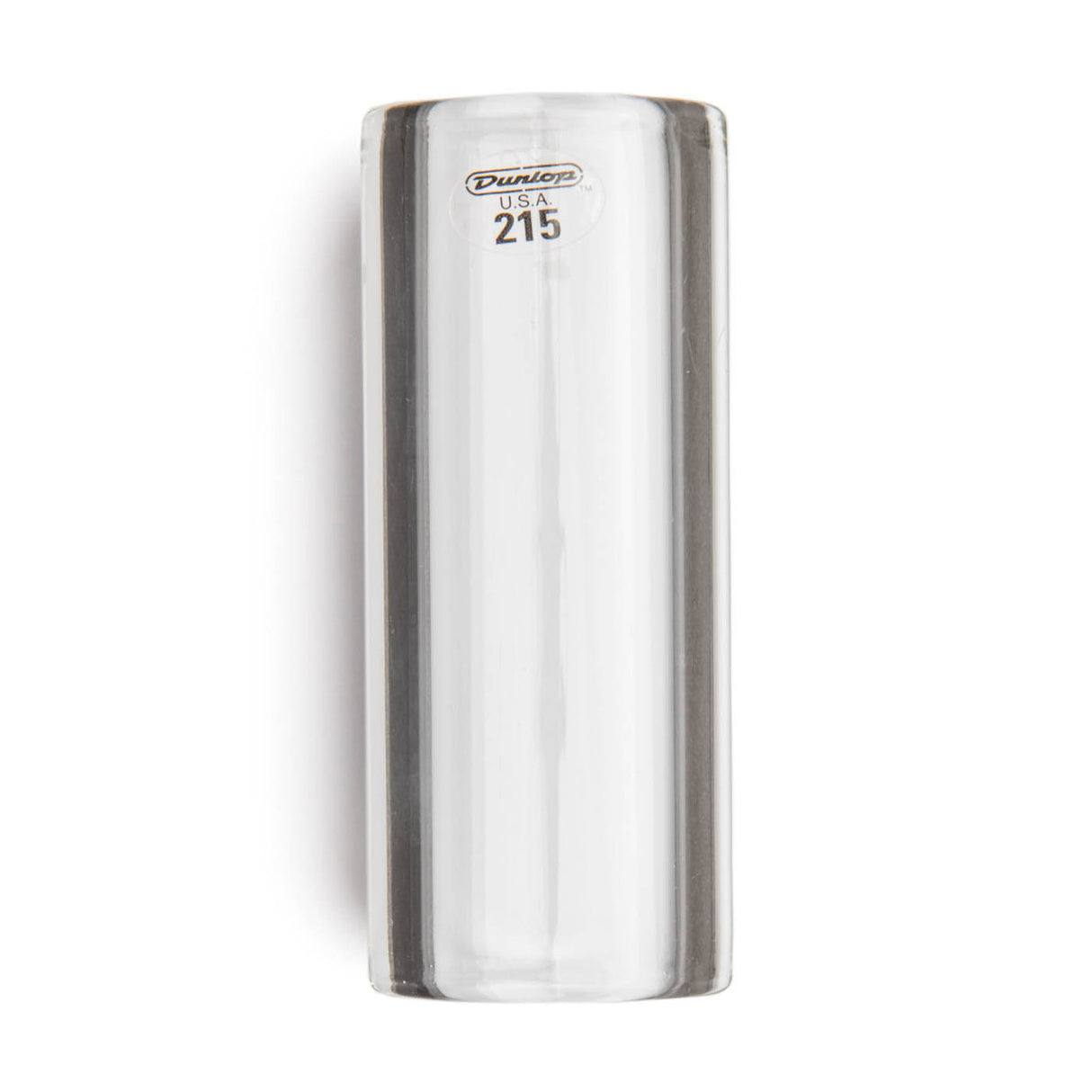 A clear glass slide for guitar with Dunlop branding on a white background