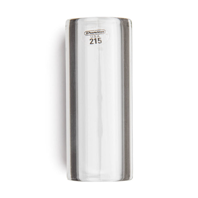 A clear glass slide for guitar with Dunlop branding on a white background