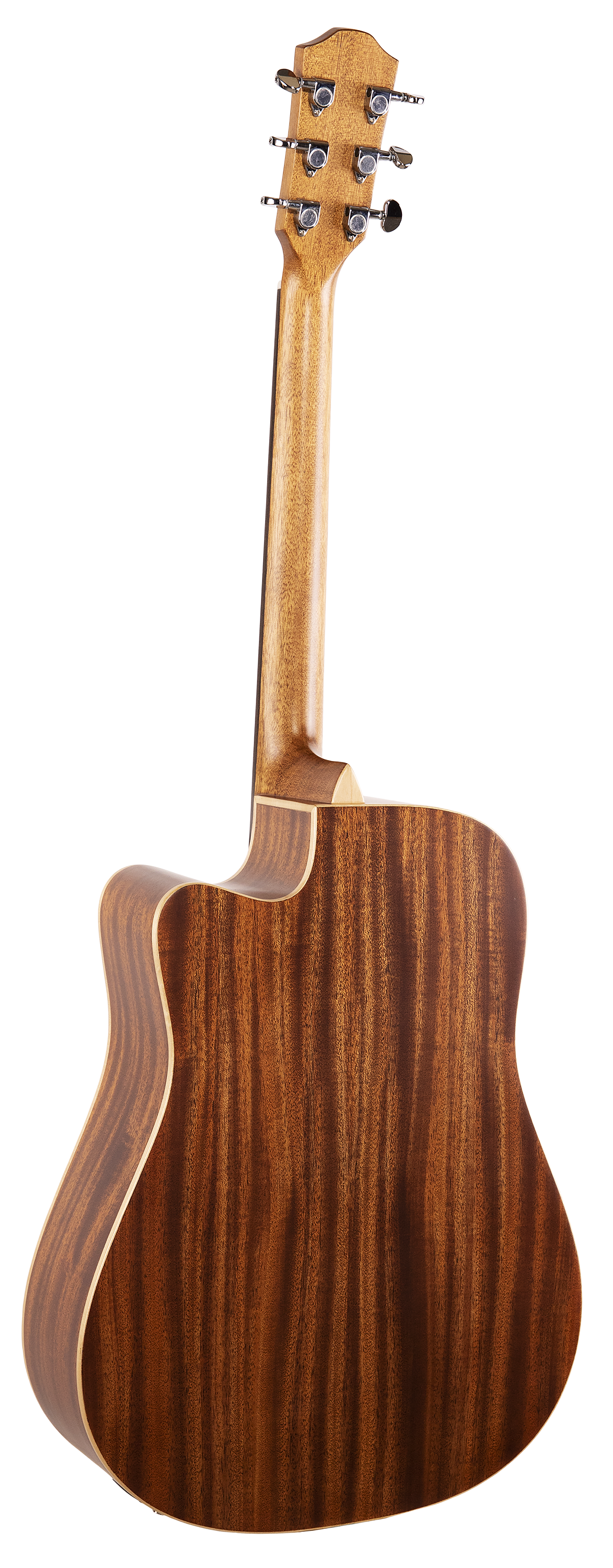 The image shows the back and headstock of an acoustic guitar featuring a rich, dark wood grain back with a natural finish and a cutaway body. The headstock is light-colored wood with six chrome tuning machines in a 3+3 layout, each with black buttons. The guitar displays clean craftsmanship and a contrasting wood design, indicating a mid to high-end model suited for serious musicians.