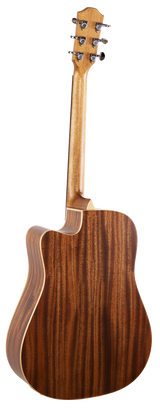 The image shows the back and headstock of an acoustic guitar featuring a rich, dark wood grain back with a natural finish and a cutaway body. The headstock is light-colored wood with six chrome tuning machines in a 3+3 layout, each with black buttons. The guitar displays clean craftsmanship and a contrasting wood design, indicating a mid to high-end model suited for serious musicians.
