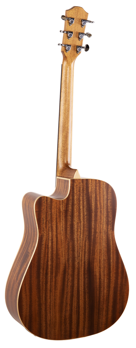 The image shows the back and headstock of an acoustic guitar featuring a rich, dark wood grain back with a natural finish and a cutaway body. The headstock is light-colored wood with six chrome tuning machines in a 3+3 layout, each with black buttons. The guitar displays clean craftsmanship and a contrasting wood design, indicating a mid to high-end model suited for serious musicians.
