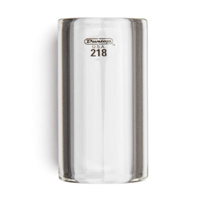 A clear glass slide for guitar with Dunlop branding on a white background