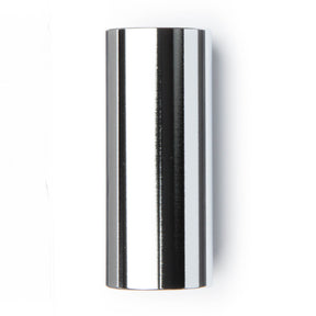 A chromed steel slide for guitar on a white background