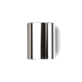 A short chromed steel slide for guitar on a white background