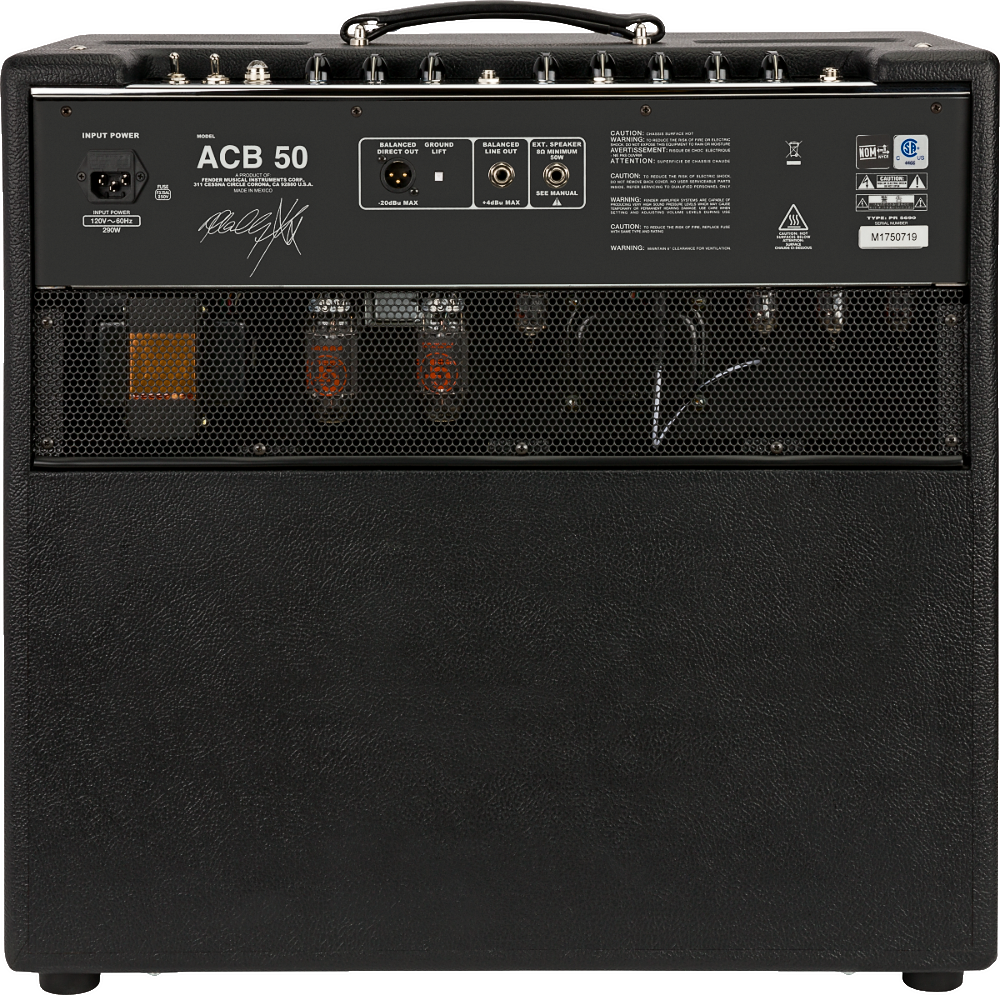 The image shows the back panel of an ACB 50 guitar amplifier. Visible features include the model label, power input, speaker outputs, input/output ports like balanced line out, safety labels, and ventilation grilles. The amp has a black textured cabinet, top handle, control knobs, and metal corner reinforcements. It's a mid-powered tube or hybrid amp suited for practice, recording, and small to medium venues.