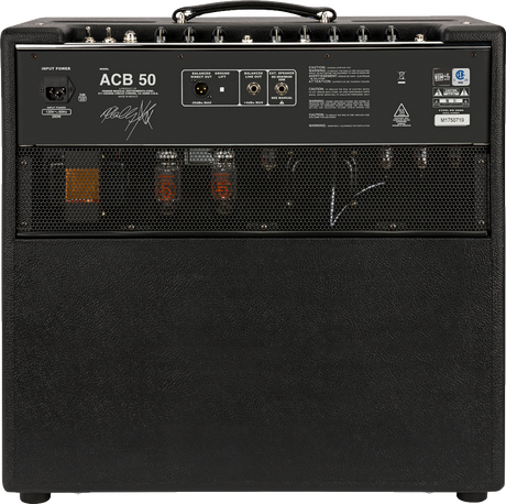 The image shows the back panel of an ACB 50 guitar amplifier. Visible features include the model label, power input, speaker outputs, input/output ports like balanced line out, safety labels, and ventilation grilles. The amp has a black textured cabinet, top handle, control knobs, and metal corner reinforcements. It's a mid-powered tube or hybrid amp suited for practice, recording, and small to medium venues.