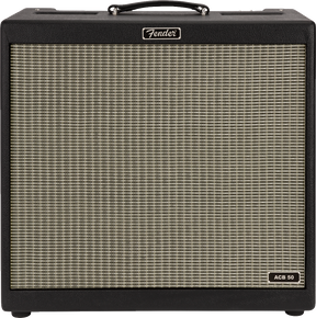 The image shows a Fender ACB 50 combo guitar amplifier with a black textured cabinet, classic woven cream speaker grille, and the Fender logo on top. It features a black leather handle and an "ACB 50" label, indicating a 50-watt amp designed for acoustic guitars. The combo design integrates amplifier and speaker in one portable unit, ideal for performances, recording, or practice.