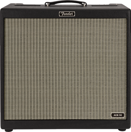 The image shows a Fender ACB 50 combo guitar amplifier with a black textured cabinet, classic woven cream speaker grille, and the Fender logo on top. It features a black leather handle and an "ACB 50" label, indicating a 50-watt amp designed for acoustic guitars. The combo design integrates amplifier and speaker in one portable unit, ideal for performances, recording, or practice.