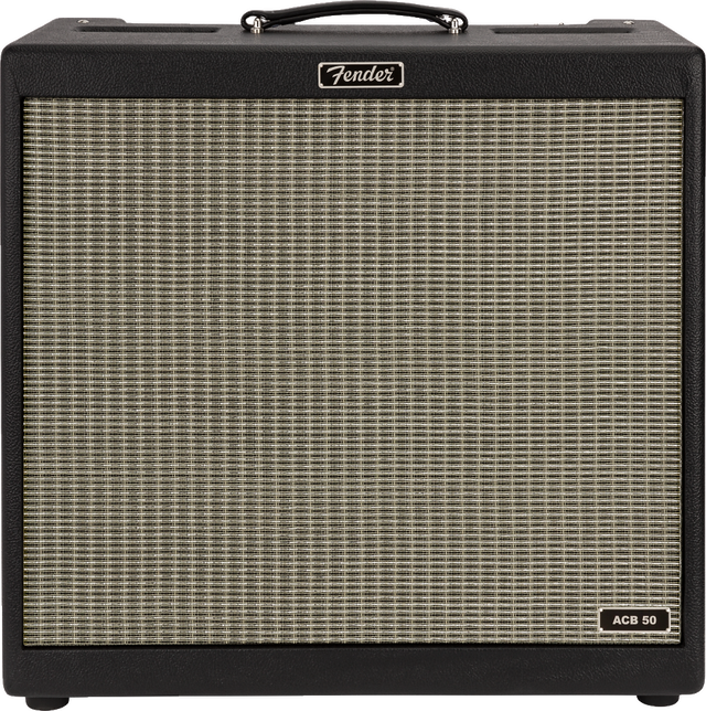 The image shows a Fender ACB 50 combo guitar amplifier with a black textured cabinet, classic woven cream speaker grille, and the Fender logo on top. It features a black leather handle and an "ACB 50" label, indicating a 50-watt amp designed for acoustic guitars. The combo design integrates amplifier and speaker in one portable unit, ideal for performances, recording, or practice.