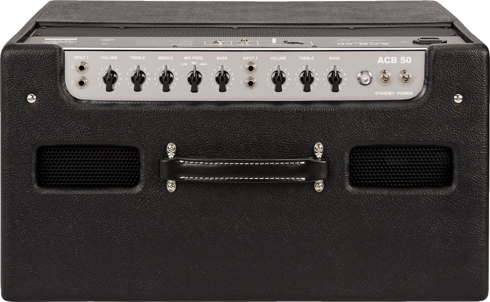 The image shows a black ACB 50 combo guitar amplifier with a textured exterior. The control panel includes two input channels, each with volume and tone controls, plus treble, middle, mid-frequency, and bass knobs, additional switches, and a standby/power switch. Ventilation grilles are on both sides, and a handle is on the back. This 50-watt amp is suitable for practice, recording, or small live performances.
