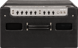 The image shows a black ACB 50 combo guitar amplifier with a textured exterior. The control panel includes two input channels, each with volume and tone controls, plus treble, middle, mid-frequency, and bass knobs, additional switches, and a standby/power switch. Ventilation grilles are on both sides, and a handle is on the back. This 50-watt amp is suitable for practice, recording, or small live performances.