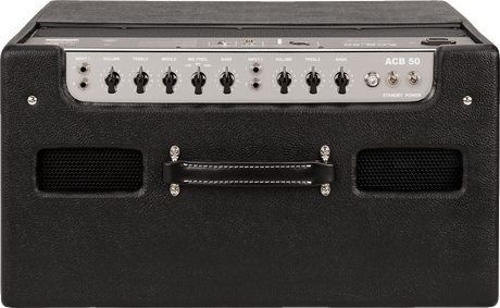 The image shows a black ACB 50 combo guitar amplifier with a textured exterior. The control panel includes two input channels, each with volume and tone controls, plus treble, middle, mid-frequency, and bass knobs, additional switches, and a standby/power switch. Ventilation grilles are on both sides, and a handle is on the back. This 50-watt amp is suitable for practice, recording, or small live performances.
