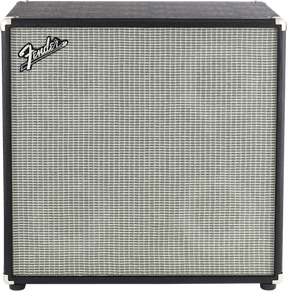 The image shows a Fender guitar speaker cabinet with the iconic Fender script logo in the upper left corner. It features a silver-gray basket-weave grill cloth, black vinyl exterior, and metal corner protectors. This classic design is typical of Fender cabinets used with separate amplifier heads or combo amps, known for their clean tone and reliability across many music genres.