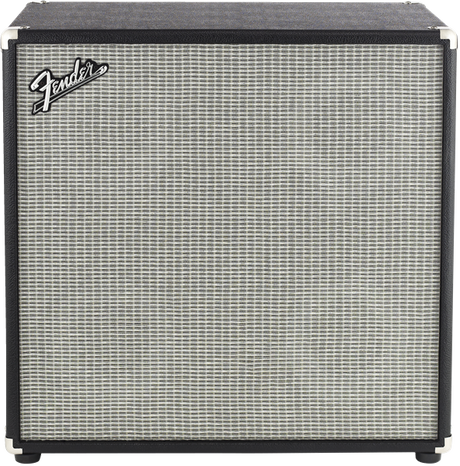 The image shows a Fender guitar speaker cabinet with the iconic Fender script logo in the upper left corner. It features a silver-gray basket-weave grill cloth, black vinyl exterior, and metal corner protectors. This classic design is typical of Fender cabinets used with separate amplifier heads or combo amps, known for their clean tone and reliability across many music genres.