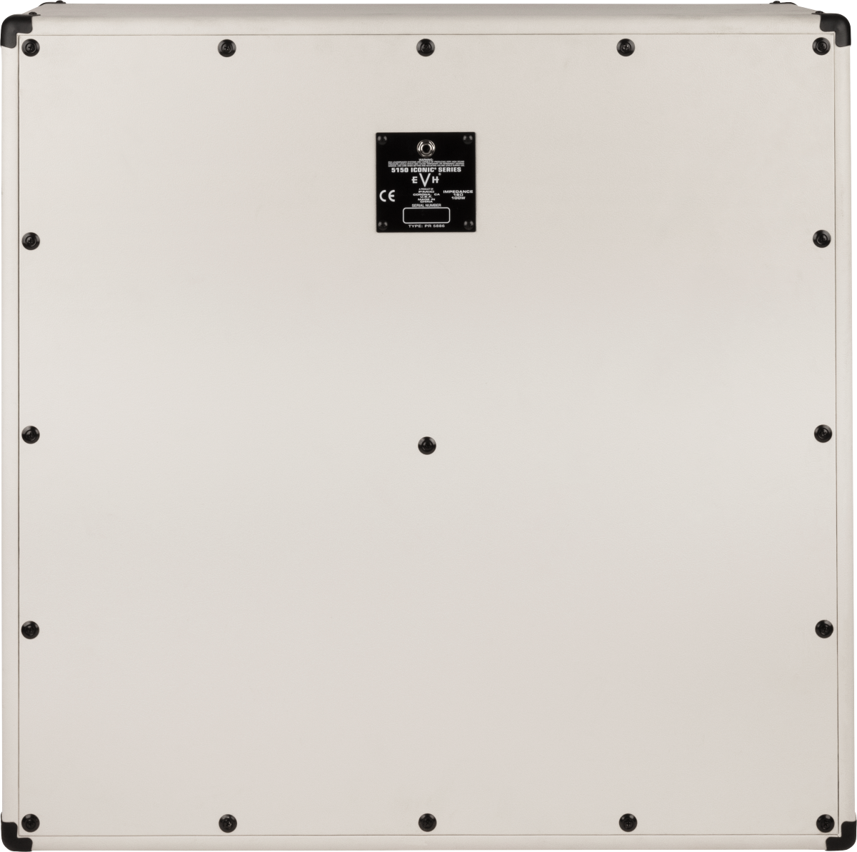 The image shows the back panel of an EVH 5150 Iconic Series guitar amplifier. It features a white/cream panel with black corner protectors and metal reinforcements, secured by multiple screws. A black label in the center displays the model name, EVH branding, and safety markings including a CE logo. The sturdy design reflects a professional-grade amp built for durability and frequent use.