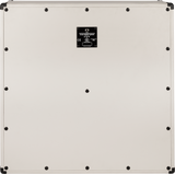 The image shows the back panel of an EVH 5150 Iconic Series guitar amplifier. It features a white/cream panel with black corner protectors and metal reinforcements, secured by multiple screws. A black label in the center displays the model name, EVH branding, and safety markings including a CE logo. The sturdy design reflects a professional-grade amp built for durability and frequent use.