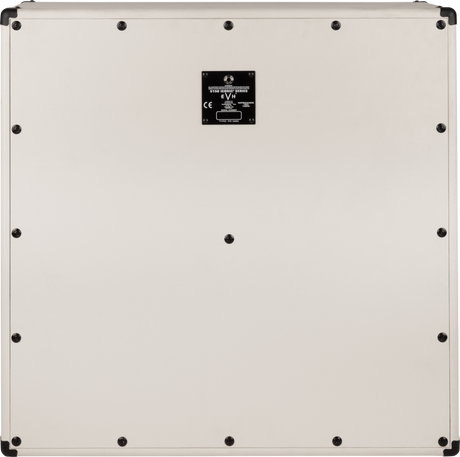 The image shows the back panel of an EVH 5150 Iconic Series guitar amplifier. It features a white/cream panel with black corner protectors and metal reinforcements, secured by multiple screws. A black label in the center displays the model name, EVH branding, and safety markings including a CE logo. The sturdy design reflects a professional-grade amp built for durability and frequent use.