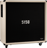 The image shows an EVH 5150 guitar amplifier cabinet with a cream frame and black grille, featuring the "5150" logo center and "EVH" logo on the bottom right. It has metal corner protectors, caster wheels, and a left-side handle, built with professional road-case style construction. This speaker cabinet is designed for electric guitar amplification, known for delivering powerful tones associated with Eddie Van Halen’s signature 5150 series.