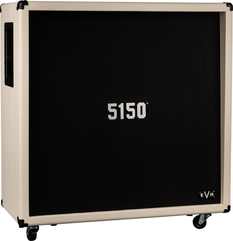 The image shows an EVH 5150 guitar amplifier cabinet with a cream frame and black grille, featuring the "5150" logo center and "EVH" logo on the bottom right. It has metal corner protectors, caster wheels, and a left-side handle, built with professional road-case style construction. This speaker cabinet is designed for electric guitar amplification, known for delivering powerful tones associated with Eddie Van Halen’s signature 5150 series.