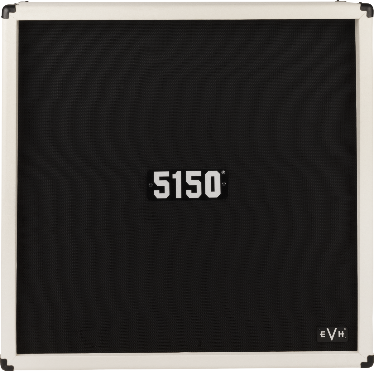 The image shows a rectangular guitar speaker cabinet with a white/cream frame and black grille cloth. It features metal corner protectors, the "5150" model label centered, and the "EVH" logo in the bottom right, indicating it’s an Eddie Van Halen brand. The 5150 series is known for rock and metal guitar amplification, designed for durability during transport and live use.