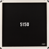 The image shows a rectangular guitar speaker cabinet with a white/cream frame and black grille cloth. It features metal corner protectors, the "5150" model label centered, and the "EVH" logo in the bottom right, indicating it’s an Eddie Van Halen brand. The 5150 series is known for rock and metal guitar amplification, designed for durability during transport and live use.